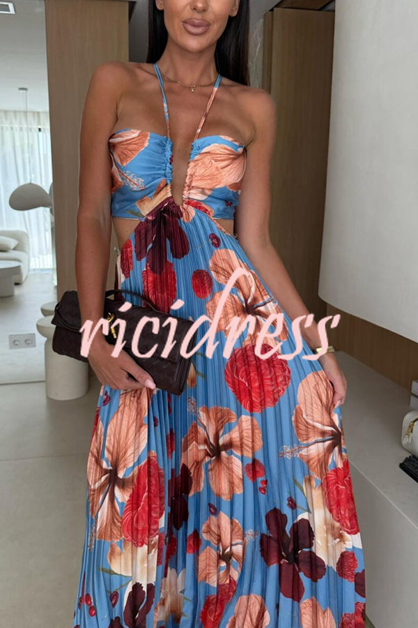 Casey Satin Floral Print Cutout Halter Back Tie-up Pleated Maxi Dress