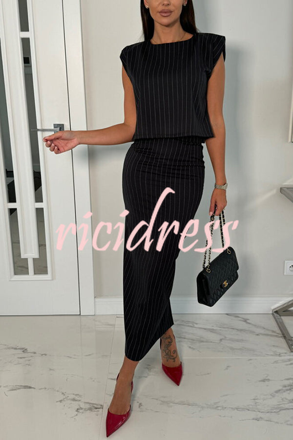 Trendy Business Striped Shoulder Padded Top and Elastic Waist Pencil Slit Skirt Set