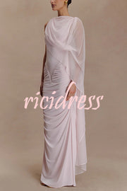 Fashionable Mesh Shawl Sleeveless Slim Fit Pleated Maxi Dress