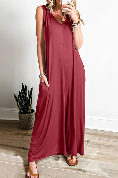Solid Color V-neck Sleeveless Loose Pocket Wide-leg Jumpsuit