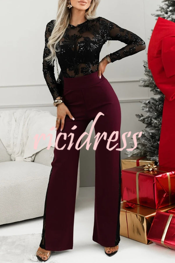 Dazzling and Sparkle Mesh Floral Sequin Long Sleeve Stretch Bodysuit