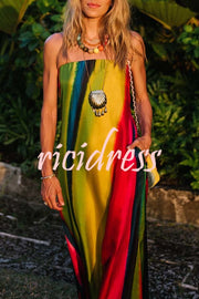 Artistic Rainbow Satin Watercolor Print Off Shoulder Pocketed H-line Maxi Dress