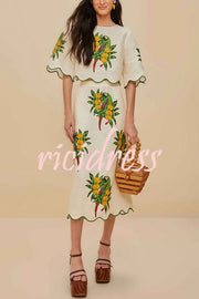 Parrot Print Round Neck Loose Crop Top and Elastic Waist Pocket Casual Midi Skirt Set