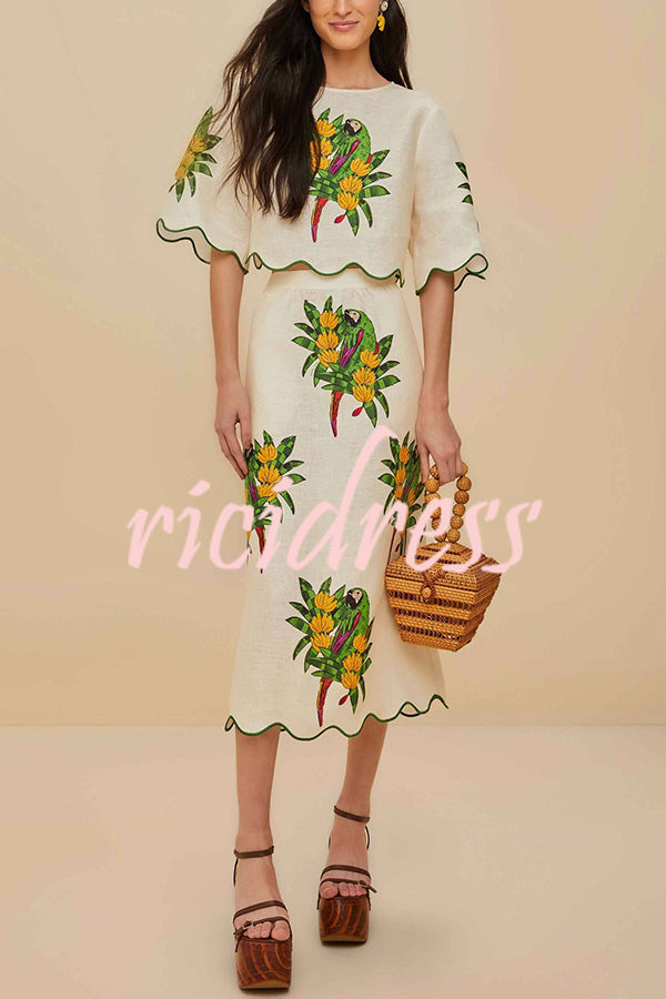 Parrot Print Round Neck Loose Crop Top and Elastic Waist Pocket Casual Midi Skirt Set