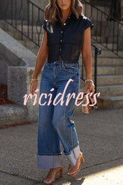 Stylish Weekend Faux Leather Button Up Cape Sleeve Pocket Crop Top