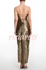 Amisha Metallic Pleated Shell Cups Hollow Gold Pendant Strapless Drape Slit Maxi Dress