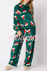 Christmas Printed Crew Neck Long Sleeve Top and Elastic Waist Loose Pants Set