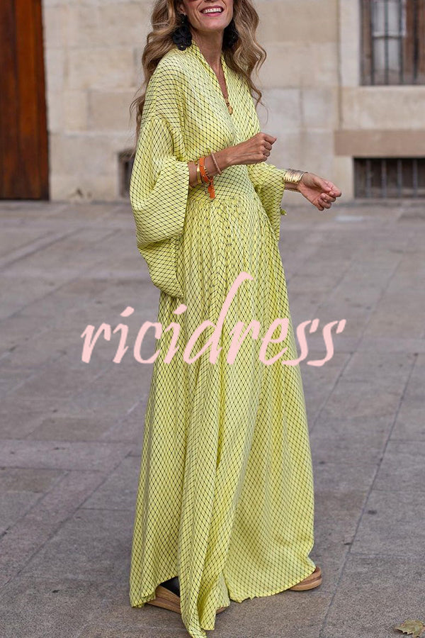 Geometric Print V Neck Long Sleeve Maxi Dress