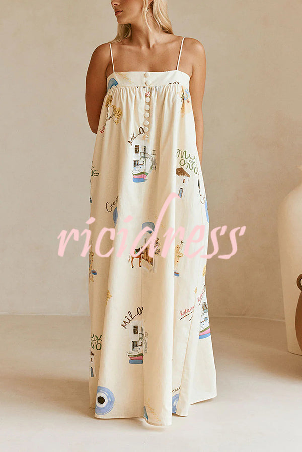 Linen Blend Sling Backless Loose Holiday Maxi Dress