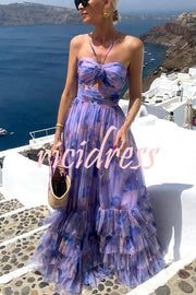 Dreamy Clouds Tulle Printed Rose Detail Cutout Ruffles Tiered Halter Maxi Dress