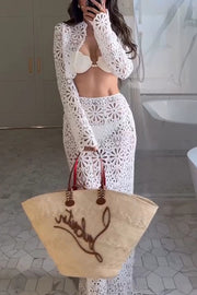 Balmy Summers Crochet Lace Floral Pattern Long Sleeve Crop Vacation Top