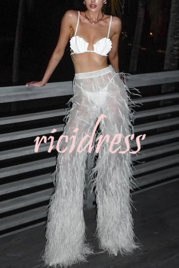 Braylie Sheer Tulle Tiered Feather Trim High Rise Wide Leg Pants