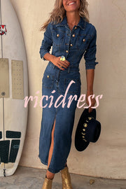 Tessy Denim Metal Button Zipper Shirt Stretch Pencil Slit Midi Dress