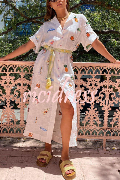 Loretta Cotton Blend Unique Print Fringed Belt Pocketed Shirt Midi Dress
