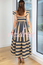 Striped Printed Square Neck Backless Gathered Midi Dress