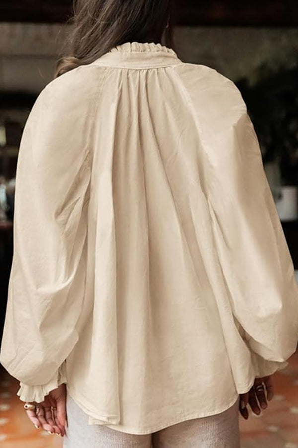 Solid Color V-neck Ruffled Lantern Sleeve Loose Casual Shirt