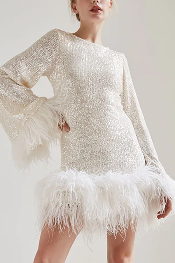 Stylish Sequined Feather Long-sleeved Sexy Backless Mini Dress