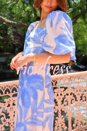 Watercolor Floral Print Square Neck Puff Sleeve Maxi Dress