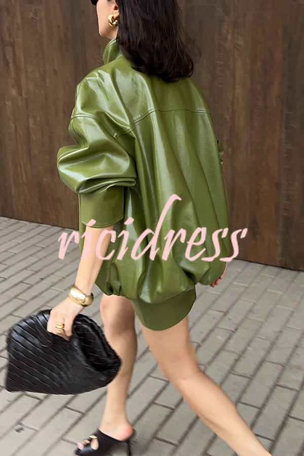 Solid Color Loose Long Sleeve Pocket Casual Leather Jacket