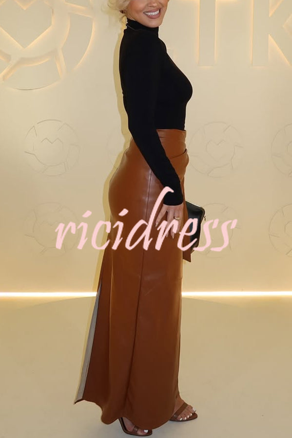 Snappy Casual Slay Faux Leather High Rise Wrap Tie-up Stretch Maxi Skirt