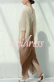 Fashionable Color-blocked Multi-layered Tassel Loose Midi Dress