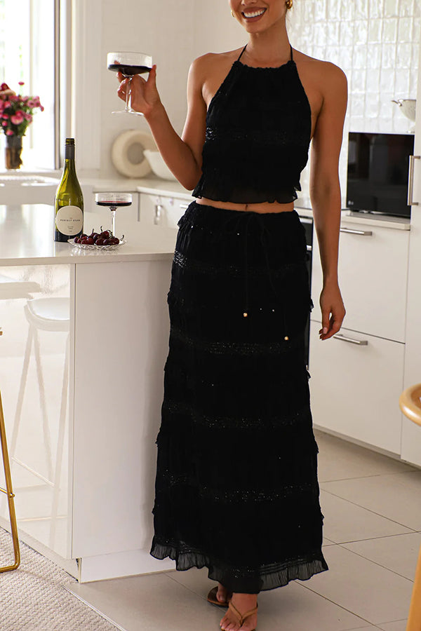 Feel Chic and Romantic Sequin Textured Material Drawstring Waist Tiered Maxi Skirt