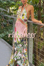 Botanical Print Sexy Sleeveless Open Back Maxi Dress