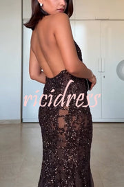 Twilight Gleam Sequin Textured Tulle Hem Halter Backless Maxi Dress