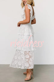 Solid V-neck Ruffled Sleeves Cinched Waist Maxi Dress