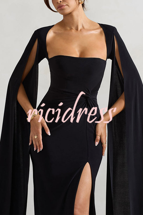 Elegant Goddess Square Neck Twisted Cape Sleeve Slit Maxi Dress