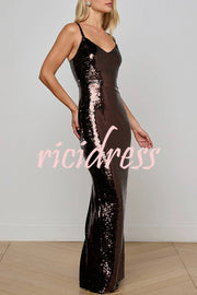 Dazzling Like Flowing Water Sequin V-neck Back Zipper Slit Maxi Dress