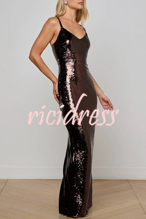 Dazzling Like Flowing Water Sequin V-neck Back Zipper Slit Maxi Dress