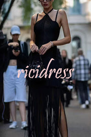 Sexy Halterneck Open Back Elegant Tassel Slim Maxi Dress