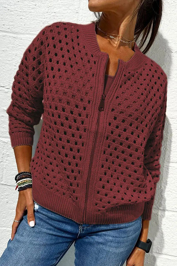 Solid Color Casual Knit Hollow Zipper Jacket