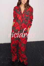 Stylish Colorblock Leopard Print Loose Shirt and Elastic Waist Pocketed Pajama Set