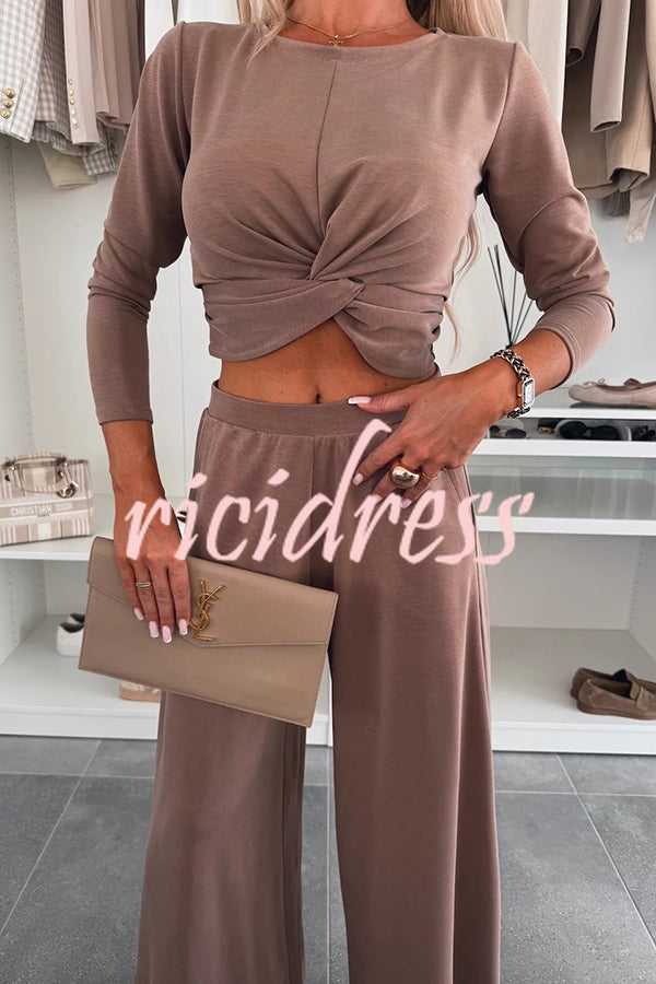 Solid Color Round Neck Long Sleeve Twist Crop Top and Elastic Waist Pocket Wide Leg Pants Set