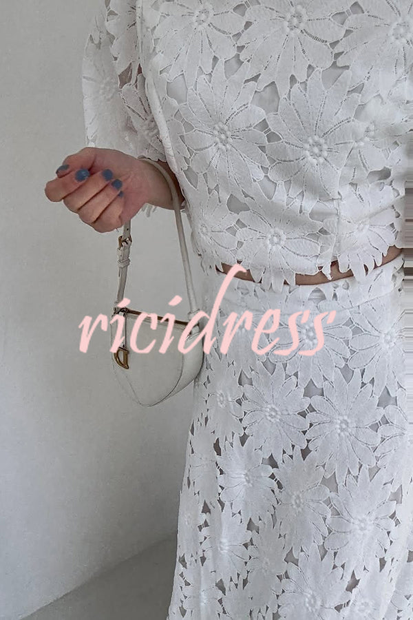 Elegant Embroidered Hollow Flowers Bell Sleeve Top and Full Hem Maxi Skirt Set