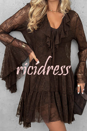 Feeling Lighthearted Lace Ruffle Neck Bell Sleeve Layered Hem A-line Mini Dress