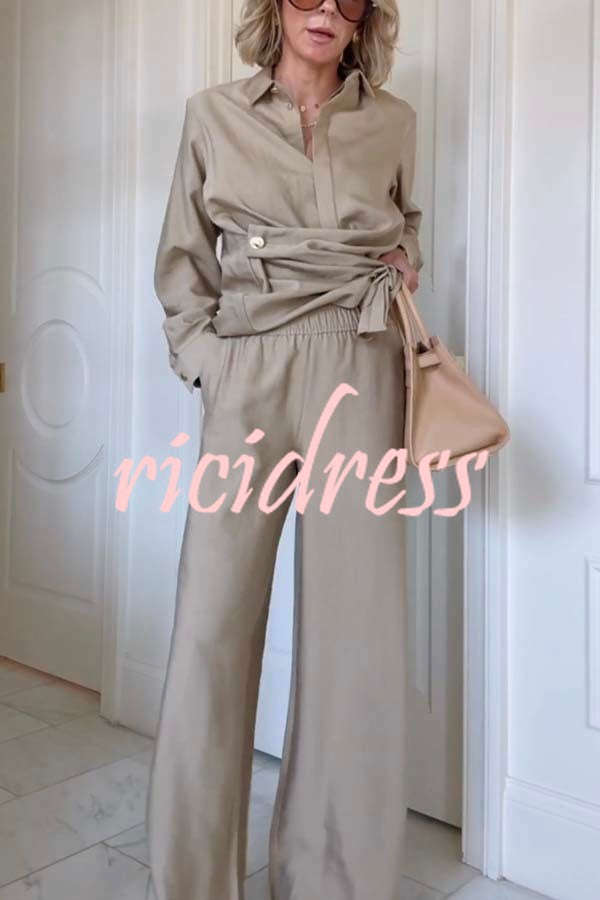 Juliette Cross-front Button Up Long Sleeve Shirt and Elastic Waist Pocket Loose Pants Set