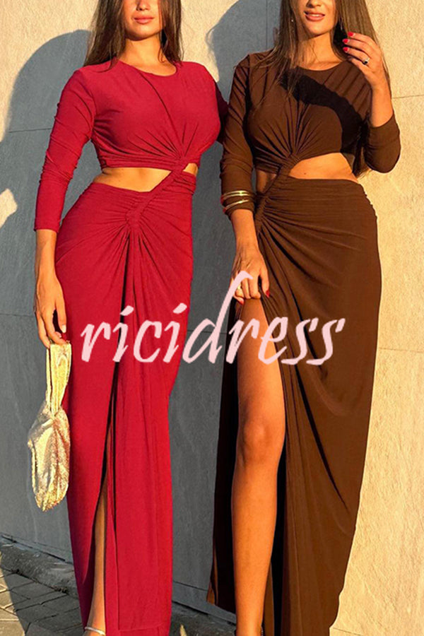 Solid Color Round Neck Long Sleeve Sexy Exposed Waist Slit Maxi Dress