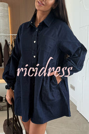 Fashion Heart Button Long Sleeve Casual Pocket Denim Mini Dress