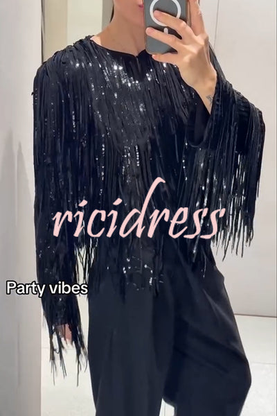 Party Crasher Layered Sequined Tassels Long Sleeve Loose Jacket
