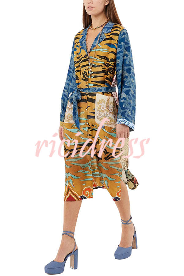 Tropical Jungle Tiger Unique Print  Long Sleeve Belt Pocketed Kimono Coat