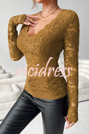 Solid Color Lace V-neck Long-sleeved Slim-fit Top