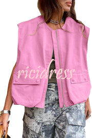 Fashion Zipper Sleeveless Pocket Loose Vest Jacket