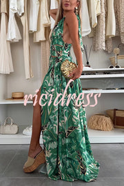 Amazon Scenery Unique Print Tie-up Cutout Waist Ring Halter Slit Maxi Dress