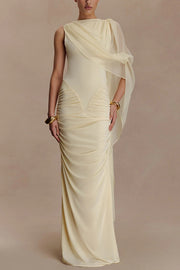 Fashionable Mesh Shawl Sleeveless Slim Fit Pleated Maxi Dress