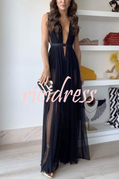 Sexy Muse Semi-sheer Tulle Fabric Fixed Back Tie-up Maxi Dress