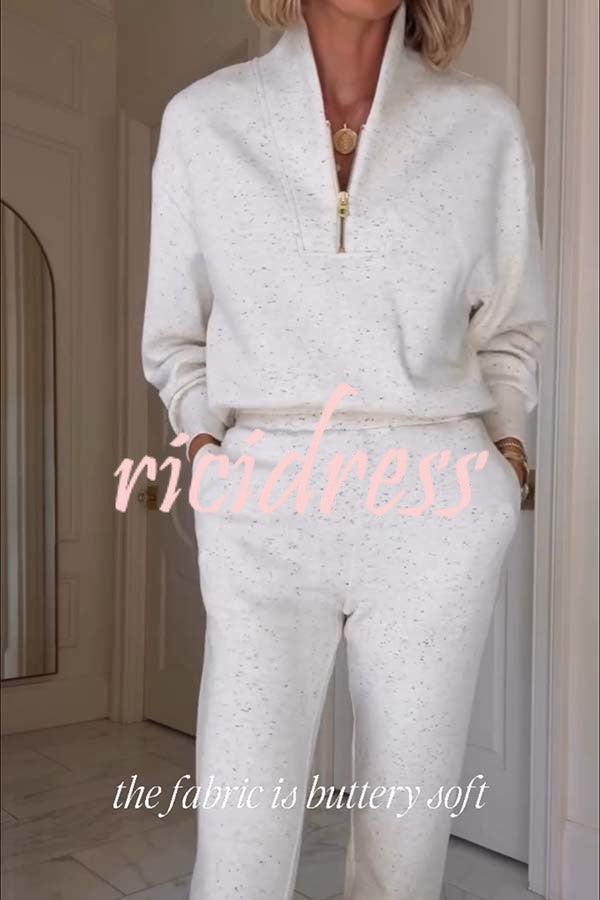 Ivory Marl Fleck Half-Zip Neck Long Sleeve Sweatshirt and Elastic Waist Pocket Jogger Set