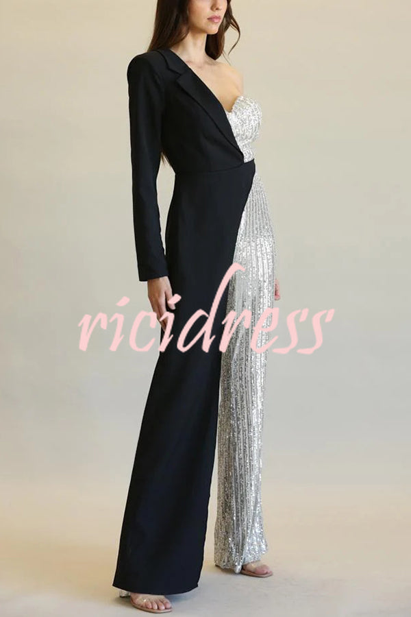 Fashionable Sequined Patchwork One-sided Long-sleeved Asymmetrical Jumpsuit